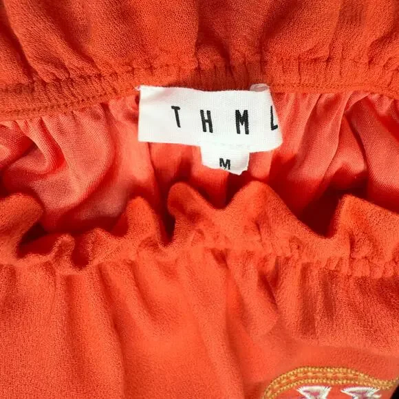 THML Orange Embroidered Off Shoulder Ruffle Mini Dress Aztec Festival Beach M - Picture 11 of 13